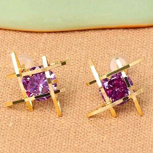 Gold Caged Amethyst 3D Stud Minimalist Earrings